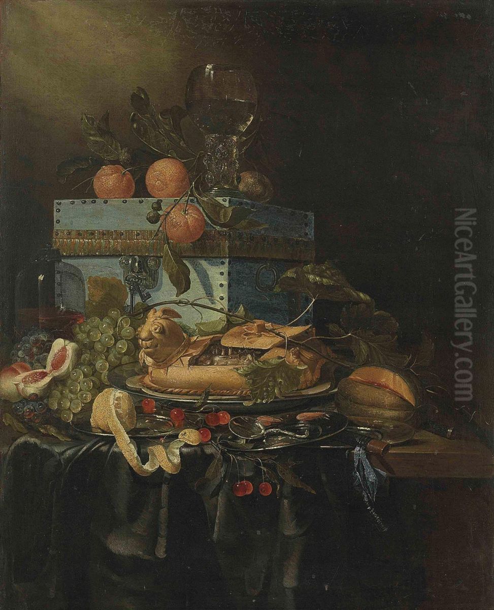 Grapes, Peaches, Cherries And Other Fruit, With A Chest And AGoblet, On A Oil Painting by Pieter de Ring