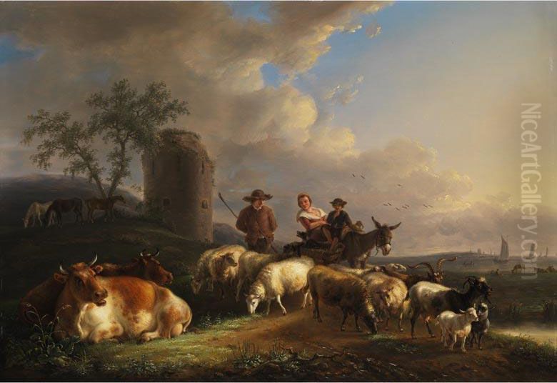 Schaferszene In Italienisierender Ideallandschaft Oil Painting by Jean-Baptiste De Roy