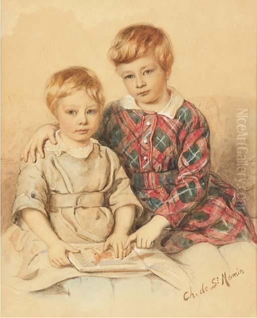Portrait De Deux Jeunes Garcons Assis, Regardant Un Livred'images Oil Painting by Charles Balthazar J. F. Saint-Memin