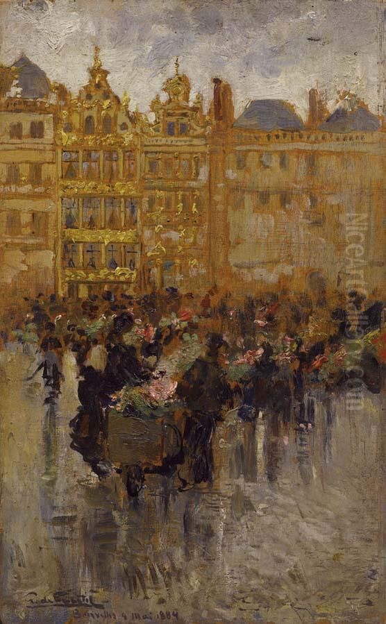 Il Mercato Dei Fiori A Bruxelles Oil Painting by Giuseppe De Sanctis