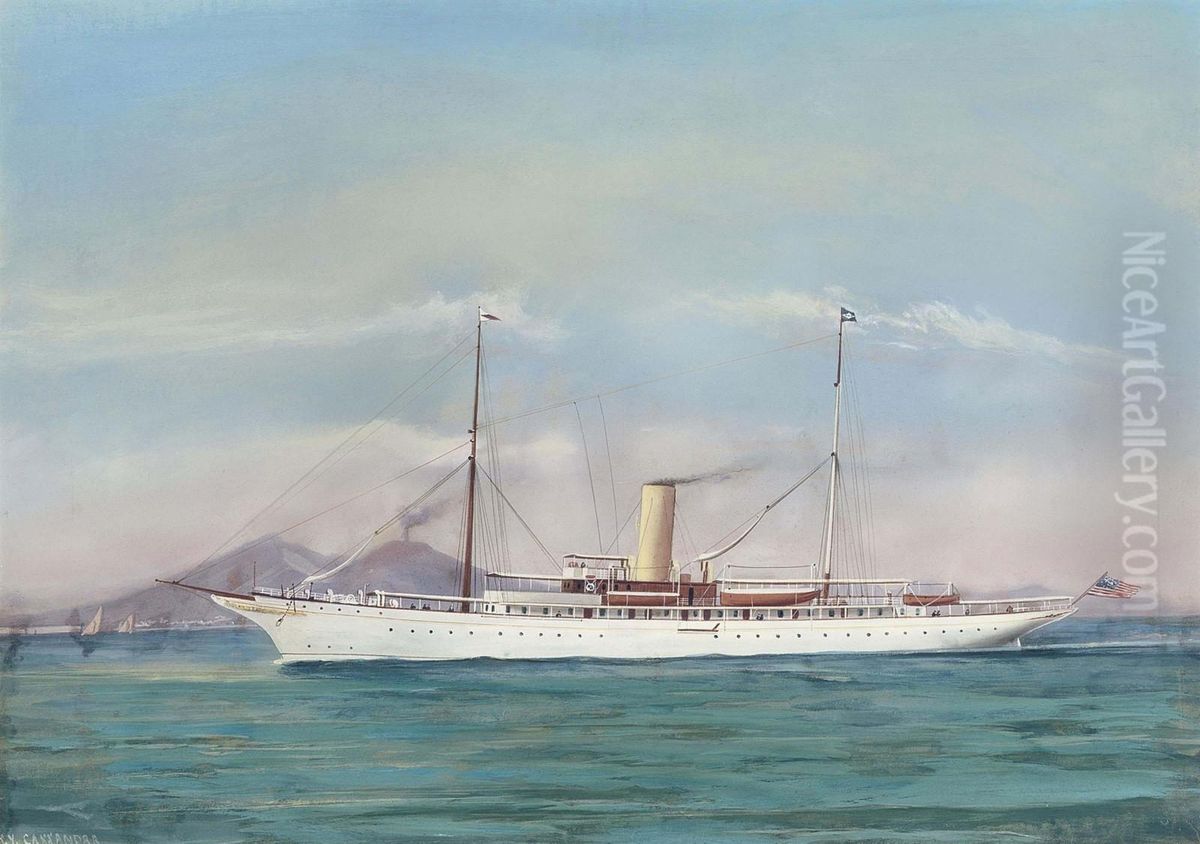 The American Steam Yacht 
Cassandra 
 Cruising In Mediterranean Waters Off Naples Inscribed 's.y. Cassandra' Oil Painting by A. De Simone