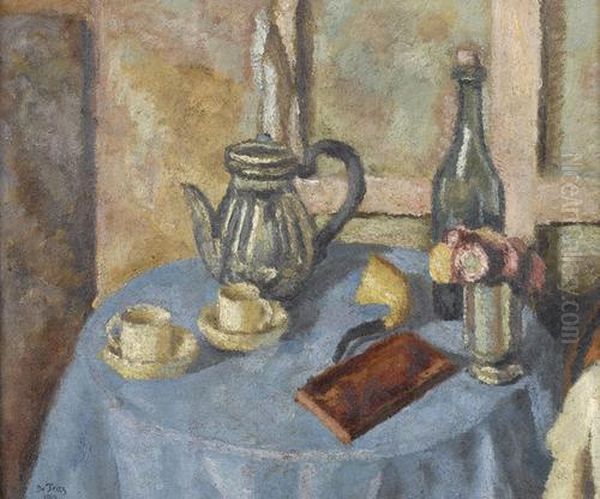 Stillleben Mit Kanne, Tassen Und Blumen. Oil Painting by Georges De Traz