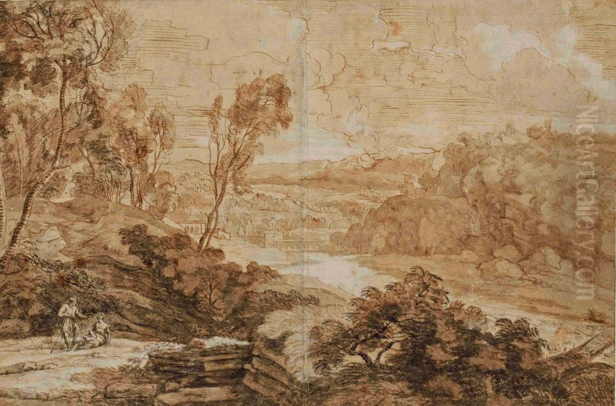 Riviere Traversant Une Vallee Arboree Oil Painting by Pierre-Henri de Valenciennes