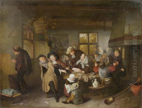 Interior WithLively Company Oil Painting by Hendrik De Valk