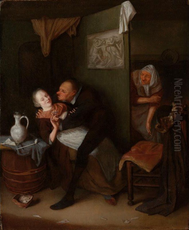 Sold By The J. Paul Getty Museum To Benefit Future Painting Acquisitions
 

 
 
 

 
 An Unequal Couple In An Inn, With An Old Woman Looking Around The Corner Oil Painting by Hendrik De Valk