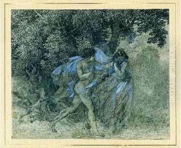 Tres Beau Dessin D'une Scene Mythologique, Par L'auteur Des Poemes Antiques Et Modernes. Dans Un Paysage Sylvain, Une Jeune Femme Aux Draperies Voletantes Se Detourne, En Se Cachant Le Visage, Du Chasseur Divin Et Amoureux Qui La Poursuit, Et Qui A Pri Oil Painting by Alfred De Vigny
