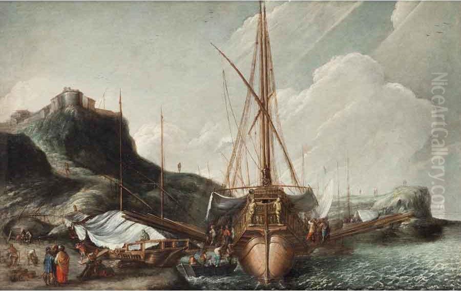 Paesaggio Costiero Con Navi Alla Fonda Oil Painting by Lucas De Wael