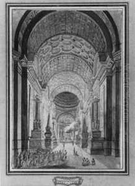 Phantastisches Kircheninterieur Mit Einer Prozession. Aquarell Auf Papier (alt Montiert). H 25,4; B 18 Cm. Provenienz: Privatsammlung, Brussel. Charles De Wailly, Architekt Und Ornamentstecher, Erhielt 1752 Den Grand Prix D'architecture. Nach Einem Au Oil Painting by Charles de Wailly