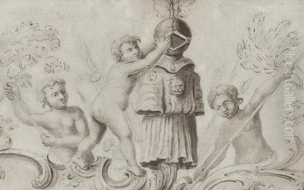 3 Putti With Helmet And Chivalric Costume Adorned With A Lions Head Oil Painting by Samuel de Wilde