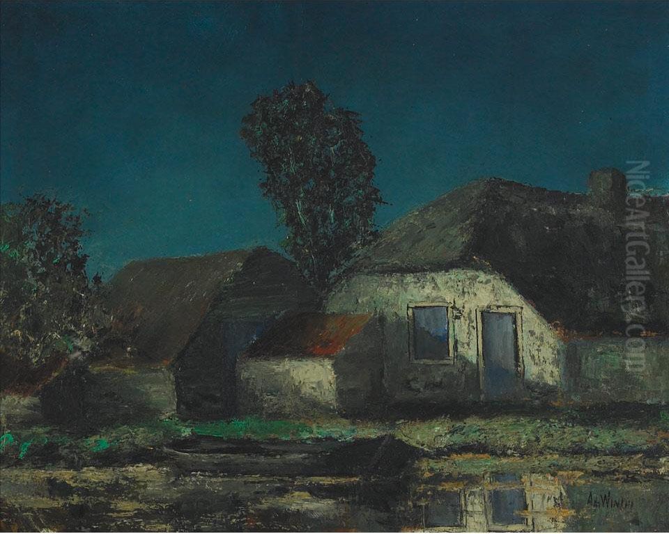 Farm, Evening; Windblown Trees Oil Painting by Adrianus Joh. Jac. De Winter