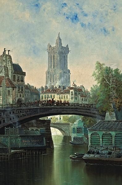 Bastille Day, Ille St. Louis Bridge,paris Oil Painting by Edwin Deakin