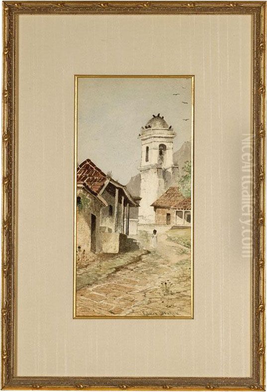 Figure Walking Through Aeuropean Village Scene Oil Painting by Edwin Deakin