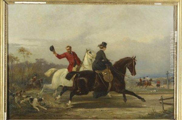 Veneurs Remettant Les Chiens A La Voie Oil Painting by Alfred Charles Ferdinand Decaen