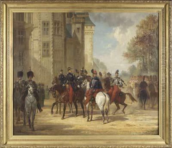 Treffen Hoher Offiziere Vor Einem Schloss Oil Painting by Alfred Charles Ferdinand Decaen