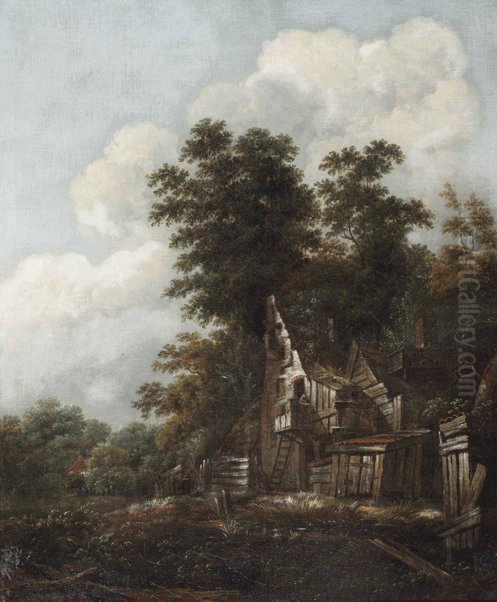 A Wooded Landscape With Figures Outside A Ruinous Cottage Remains Oil Painting by Cornelius Decker