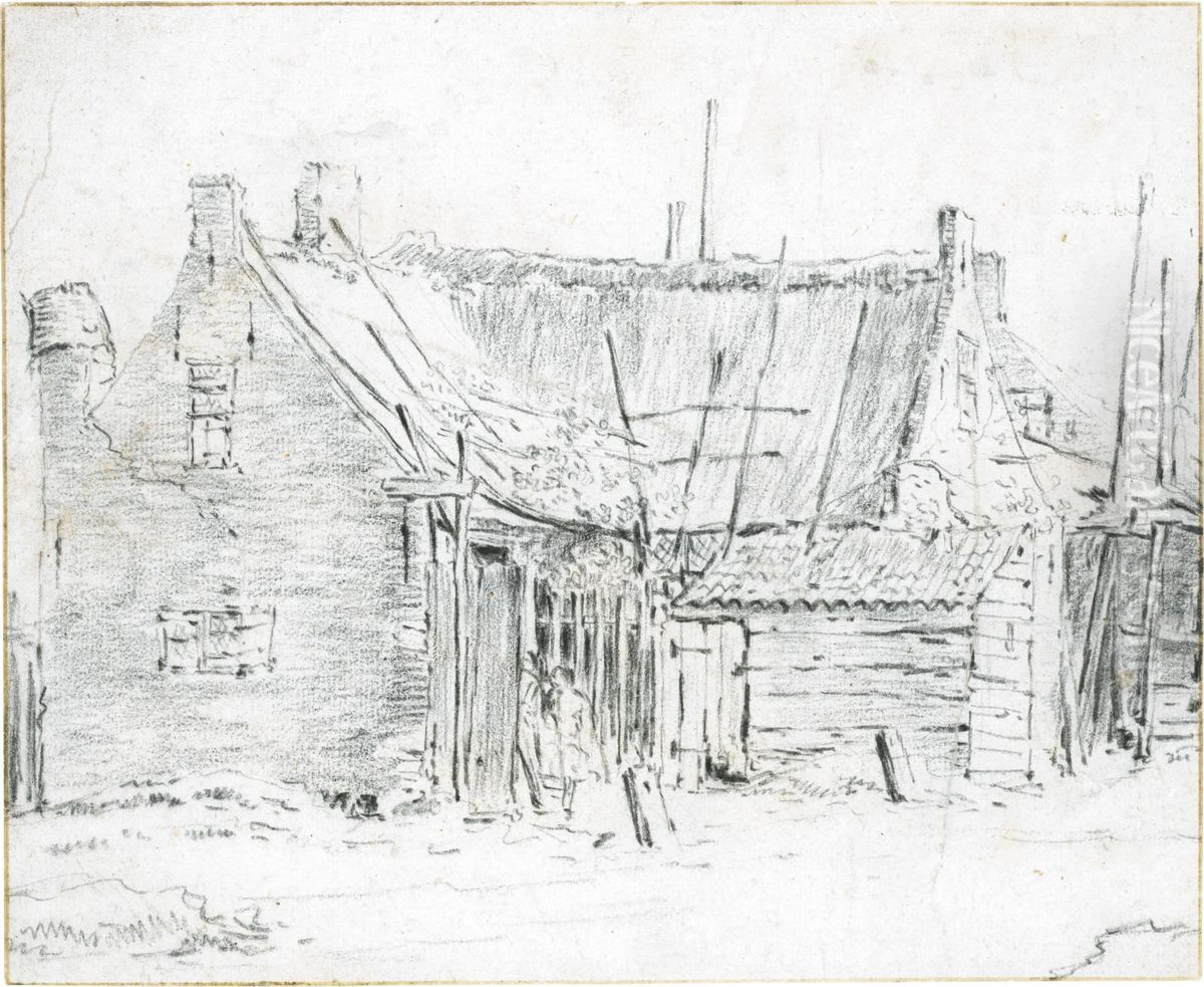 Farm Buildings, With Peasants At The Door Oil Painting by Cornelius Decker