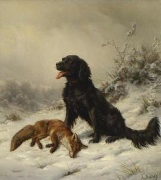 Jagdhund Mit Erlegtem Fuchs In Winterlandschaft. Oil Painting by Johannes Christian Deiker