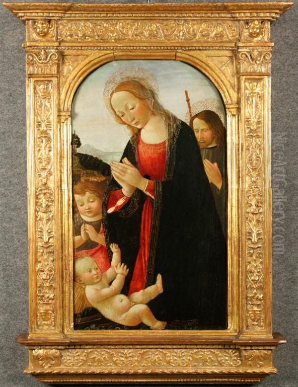 ''madonna In Preghiera Con Bambino, San Giovanni E SanGiuseppe''. Oil Painting by Jacopo Del Sellaio