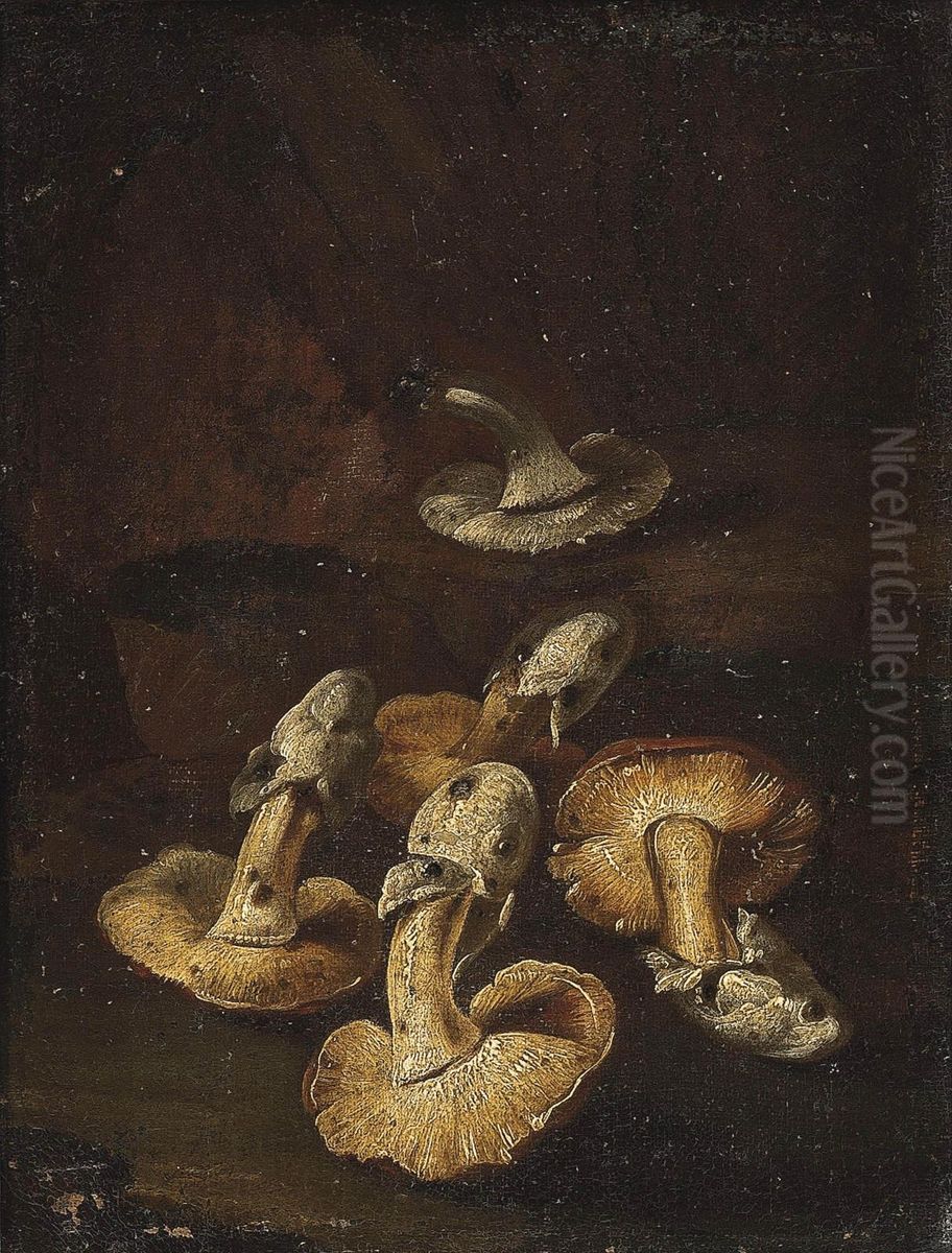 Mushrooms In A Landscape Oil Painting by Simone Del Tintore