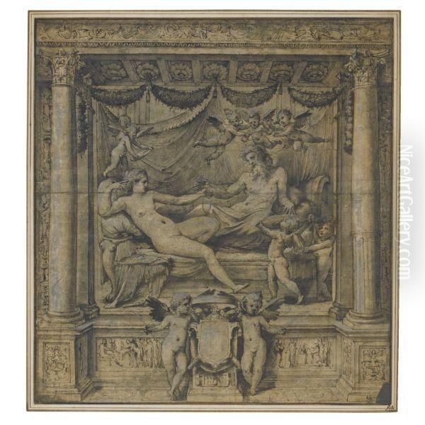 Jupiter And Juno Reclining In An Alcove Attended By Amorini, Twoothers Holding A Heraldic Shield Below Oil Painting by Perino Del Vaga (Pietro Bonaccors
