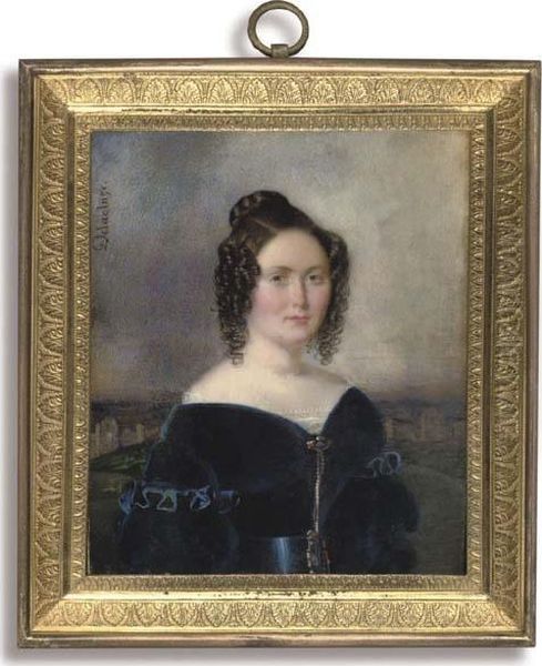 A Young Lady, In Off-the-shoulder Blue Velvet Dress With Lace-bordered White Underdress, Blue Belt Fastened With Gold Buckle, Gold Brooch And Chain Pinned At Corsage, Her Dark Hair Dressed In Ringlets And Upswept In A Plaited Knot; Hill And Town Backgroun Oil Painting by Jean Edme Pascal M. Delacluze
