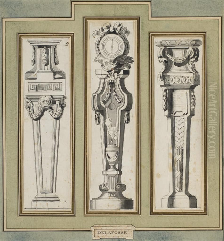 Trois Projets De Trepieds Dont L'un Orne D'un Bruleur D'encens Etd'un Cadran Oil Painting by H. Delafosse