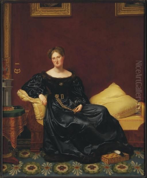 A Lady Seated In An Elegant Interior, Wearing A Black Silk Dress Oil Painting by Frederic Delanoe