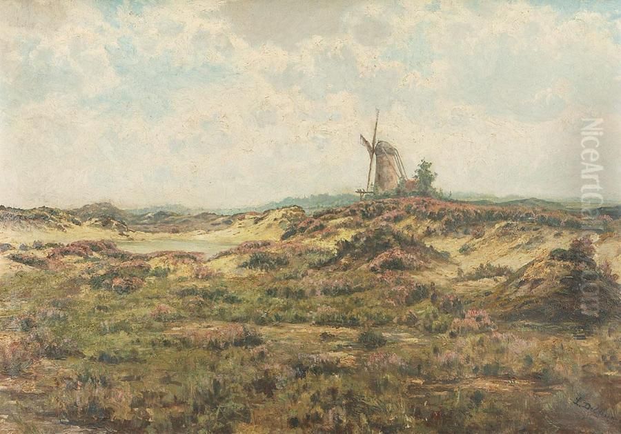 Heathland With Windmille In The Distance. Oil Painting by Leon Delderenne