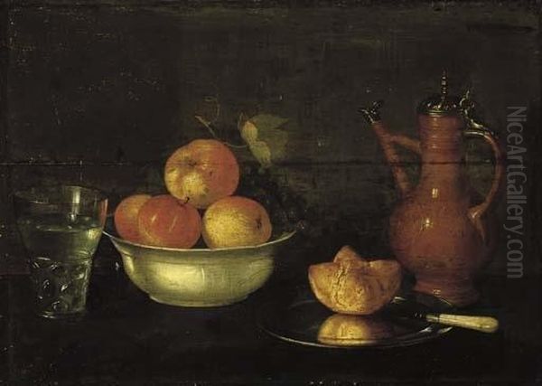 Apples And Grapes In A Porcelain Bowl, A Bread Roll On A Pewter Plate, A Glass Of Water And A Jug On A Wooden Ledge. Oil Painting by Cornelis Jacobsz Delff