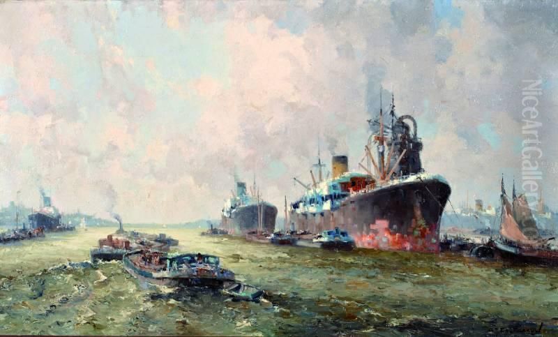 Zeeschepen En Sleepboten In Rotterdamse Haven Oil Painting by Gerardus Jacobus Delfgaauw