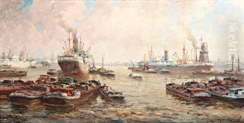 Bedrijvigheid In Rotterdamse Haven Oil Painting by Gerardus Jacobus Delfgaauw