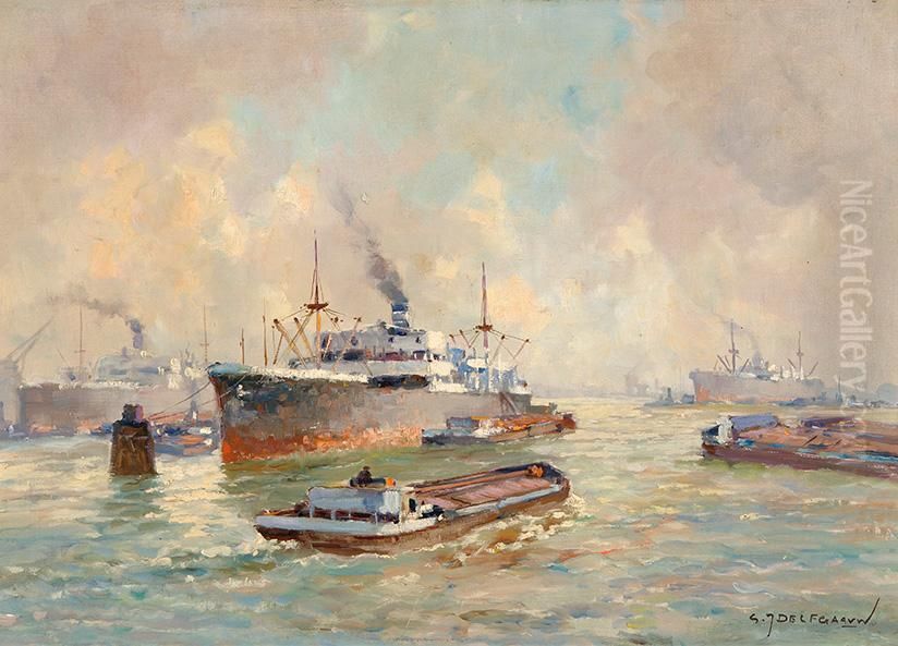 Activity In The Rotterdam Harbour Oil Painting by Gerardus Jacobus Delfgaauw