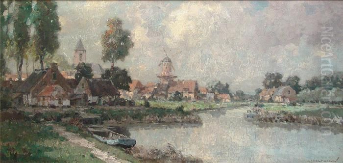 Hollandischekleinstadt Am Kanallauf Oil Painting by Gerardus Jacobus Delfgaauw