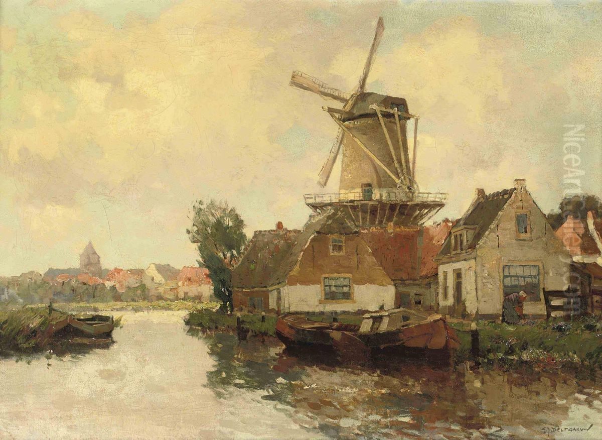 A Dutch Town With A Windmill Oil Painting by Gerarrd Delfgaauw