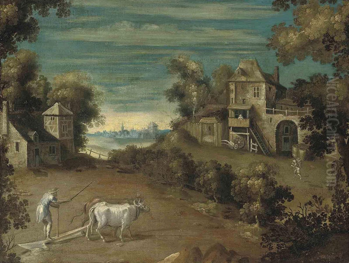 An Extensive Landscape With A Farmer And His Oxen Ploughing AField Oil Painting by Nicolo Dell' Abate