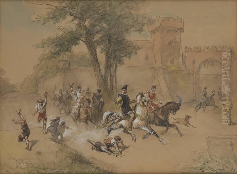 Depart De La Chasse A Courre Oil Painting by Cesare Felix dell' Acqua