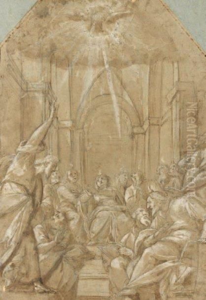 La Descente Du Saint Esprit Sur Les Apotres Reunis Autour De La Vierge Plume Et Encre Brune Oil Painting by Giovanni Battista della Rovere