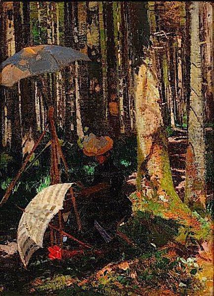 Femme Peintre En Foret Oil Painting by Olga Della-Vos-Kardovskaya