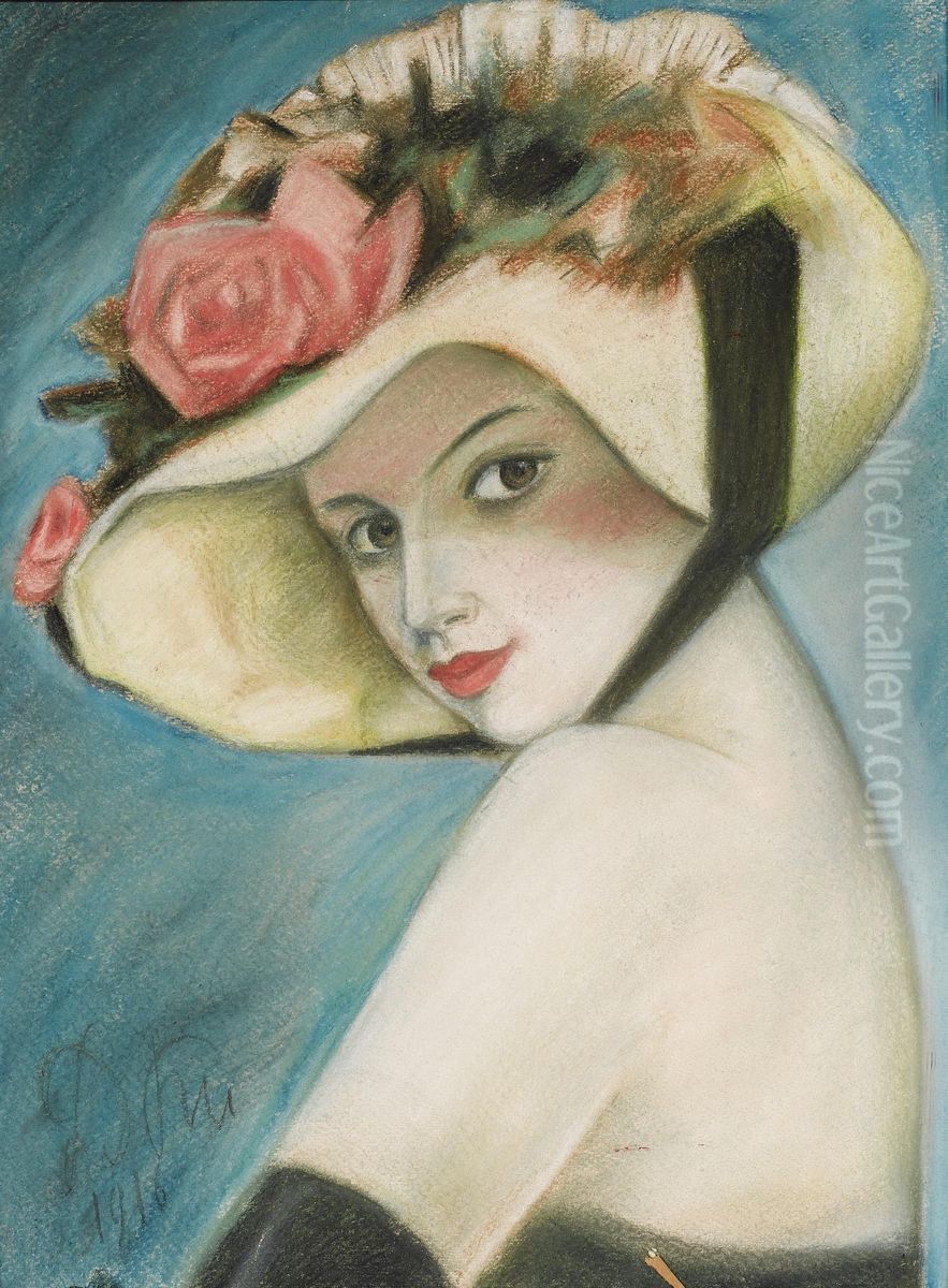 Lady In Hat Oil Painting by Olga Della-Vos-Kardovskaya