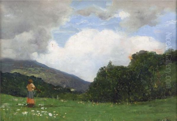 Pastorella Nei Prati Oil Painting by Lorenzo Delleani