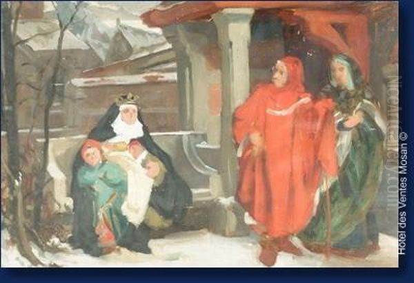 Scene De Rue En Hiver Oil Painting by Emile Delperee