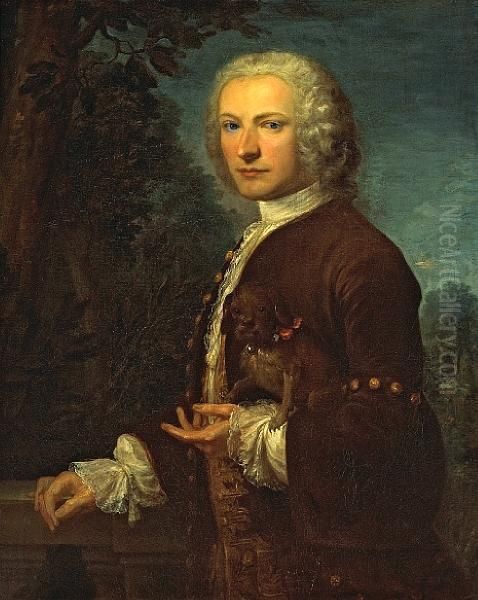 A Portrait Of A Gentleman, Half-length, Holding A Small Dog Oil Painting by Jean-Francois Delyen