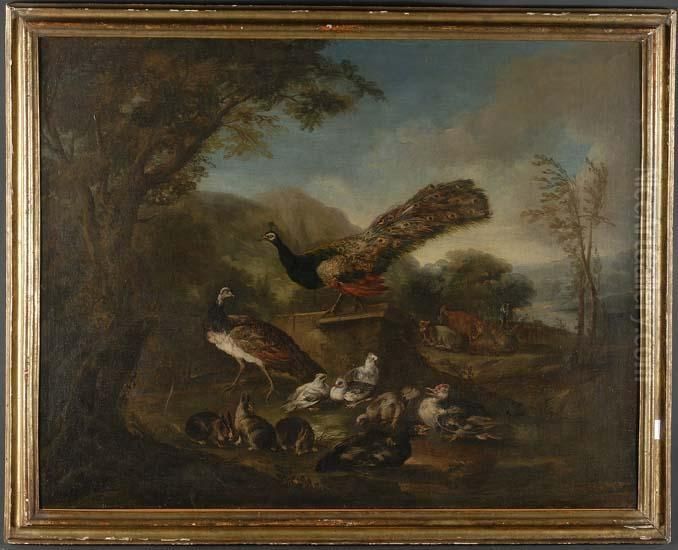 Pavone Ed Altri Animali Da Cortile Oil Painting by Giovanni Demio