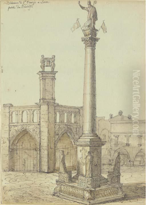 View Of The Column Of San Oronzio In Lecce, Near Brindisi Oil Painting by Guillaume Desire J. Descamps