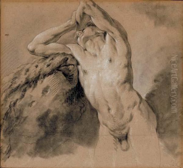 Homme Nu Appuye Contre Un Rocher, Les Mains Sur La Tete Oil Painting by Jean-Baptiste Descamps