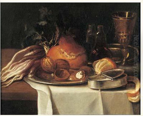 Nature Morte A La Brioche, Noix Et Pieces D'argenterie Sur Un Entablement Oil Painting by Nicolas Desportes