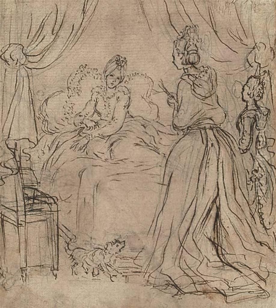 A Lady Receiving Visitors In Bed Oil Painting by Claude Louis Desrais