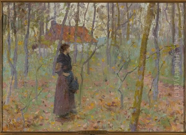 Lady In Wooded Landscape Oil Painting by Louis Paul Dessar