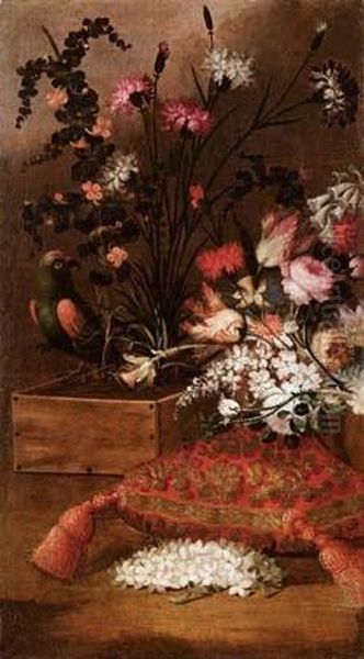 Natura Di Morta Con Fiori, Cuscino Ecardellino Oil Painting by Giacomo Desti Il Cardellino