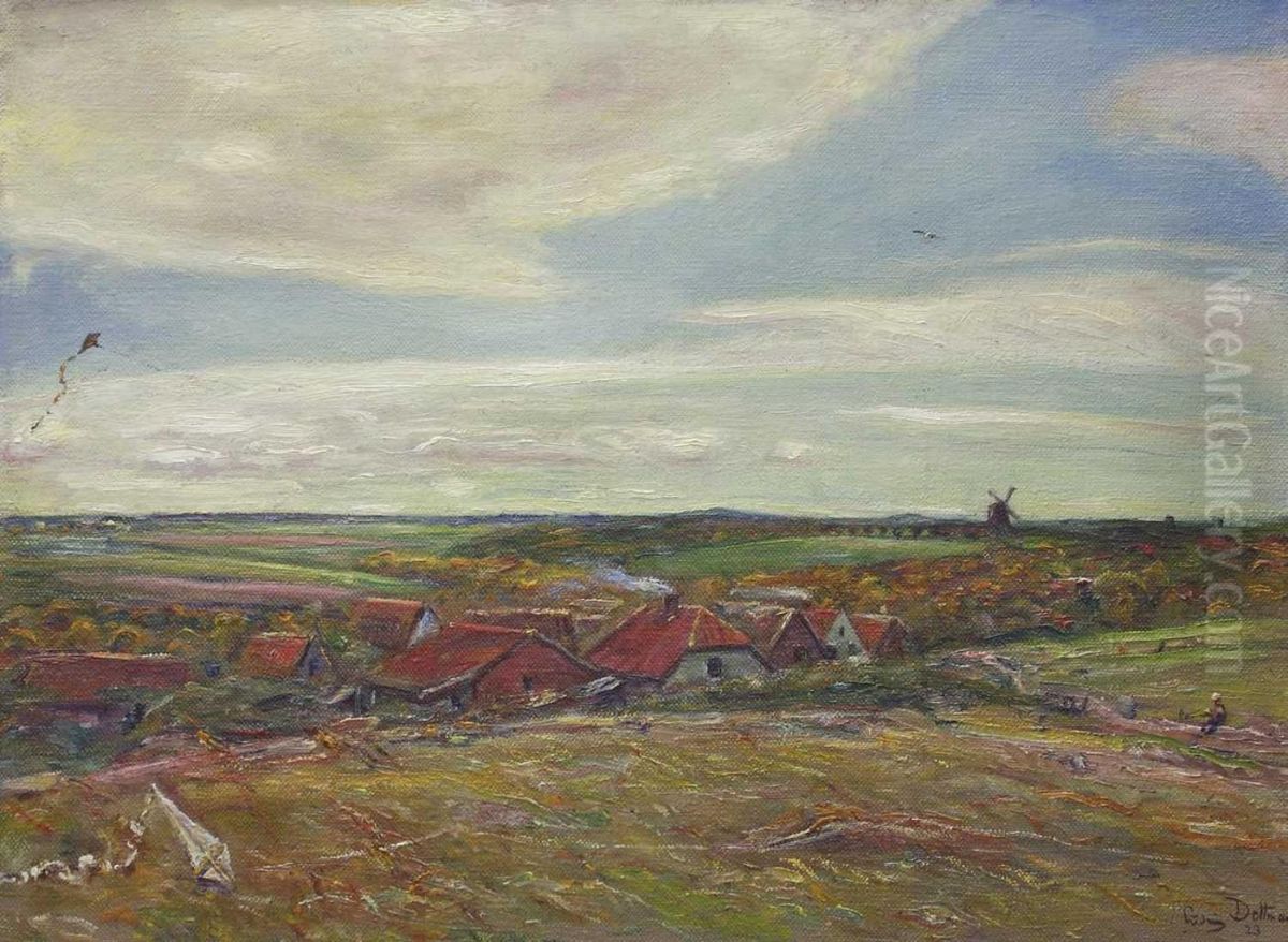 Fruhherbstliche, Nordische Landschaft Mit Hausern, Einer Windmuhle Am Horizont Und Kindern, Die Drachen Steigen Lassen Oil Painting by Ludwig Dettmann